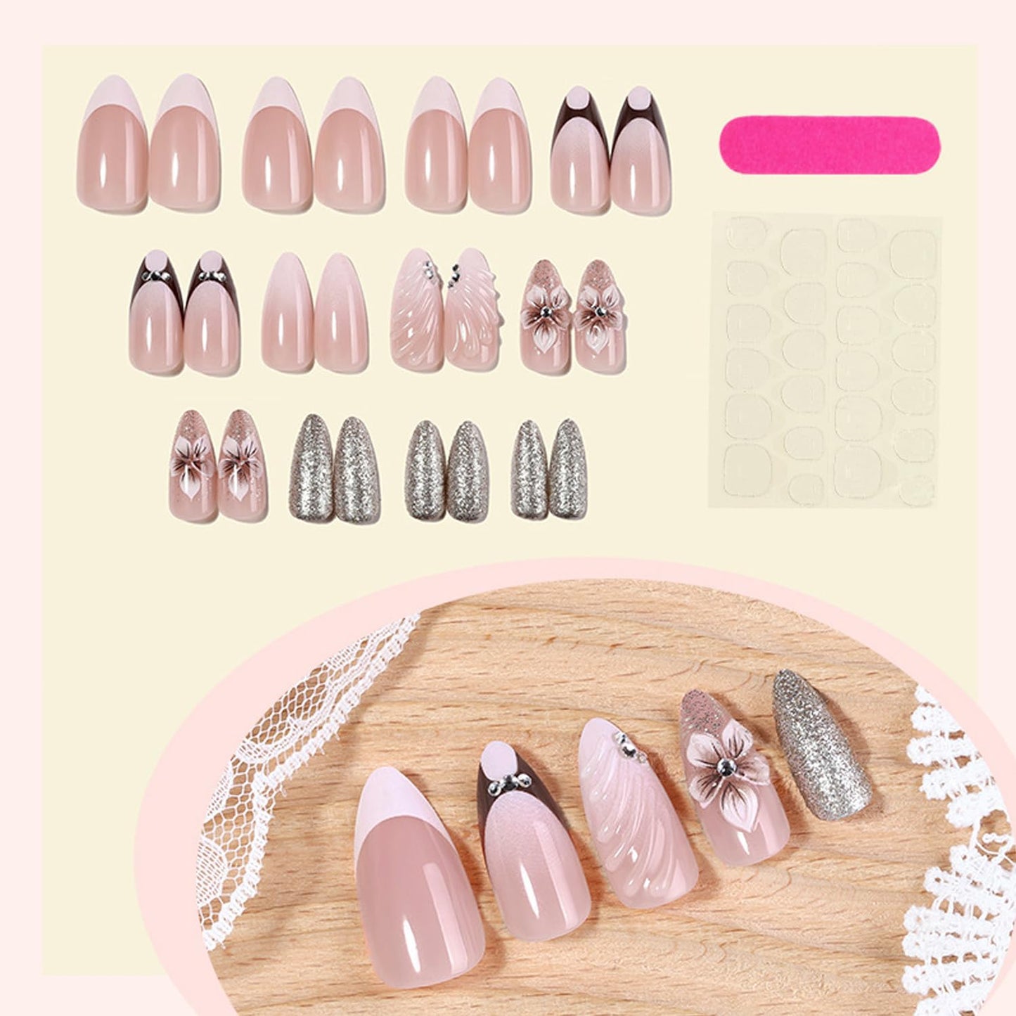 24Pcs Flower Press on Nails Medium Almond Fake Nails with 3D Rhinestone Design White French Tip False Nails Silver Glitter Full Cover Cute Floral Reusable Spring Summer Acrylic Glue on Nail for Women