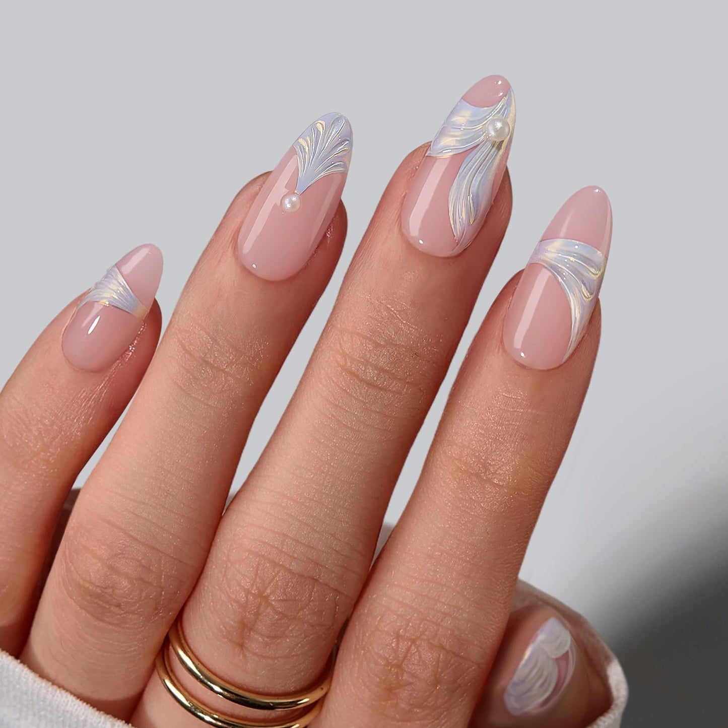 BTArtbox Press On Nails Medium - Pearlfin, Easy-to-Apply 3D Pearl Accents Almond Press On Nails with Glue and Adhesive Tabs in 15 Sizes - 30 Nails All-in-One Kit