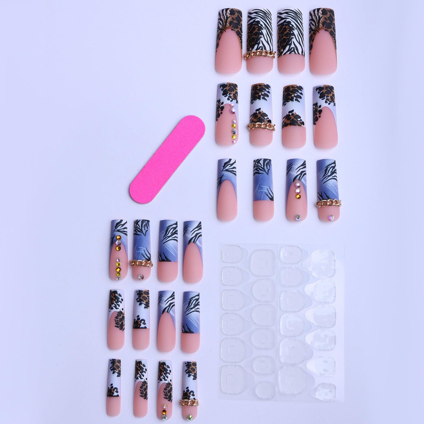 SEENEEY Long Press on Nails Square Fake Nails Blue Artificial Nail French Rhinestones and Leopard Designs Stick on Nail for Women 24pcs