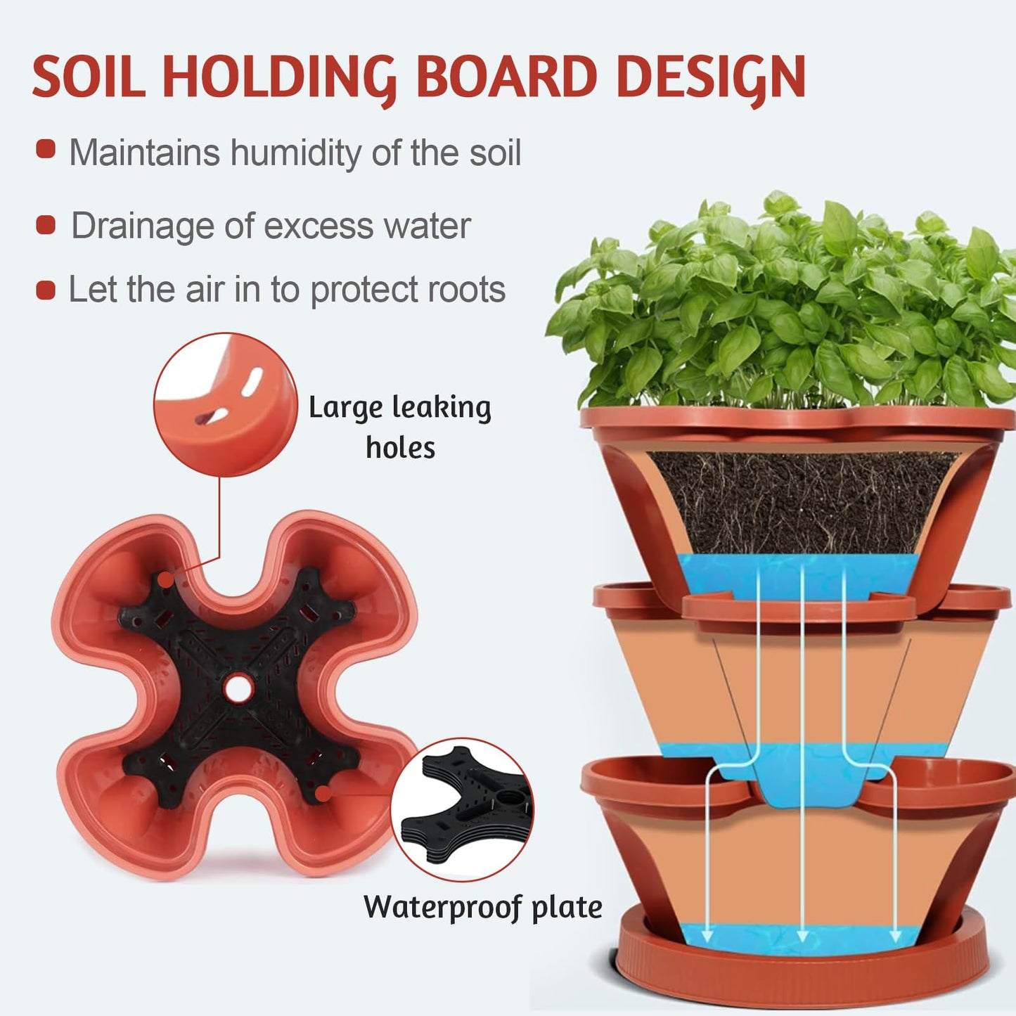 SunFunUSA 7 Tier Vertical Strawberry Planter-Tower Stackable Herb Planter Stacking Garden Planters Pot Outdoor with Tools Mover for Growing Flowers, Vegetables and Succulents, Red