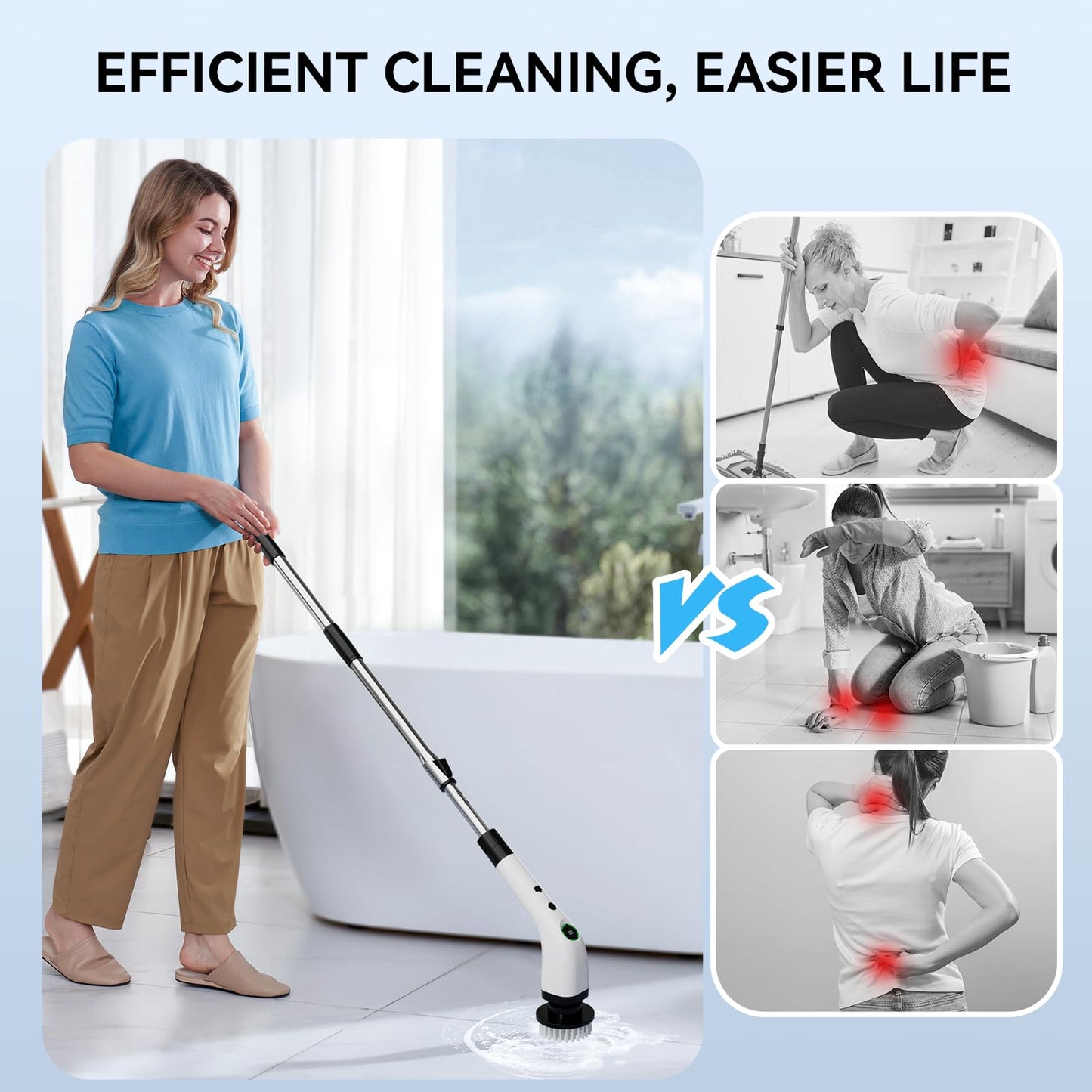 Swyprrix Electric Bathroom Cleaning Brush, Cordless Spin Scrubber Full Body Waterproof IPX7 with Adjustable Handle, 8 Replaceable Brush Heads for Bathtub/Kitchen/Window/Home -SD-CTB01