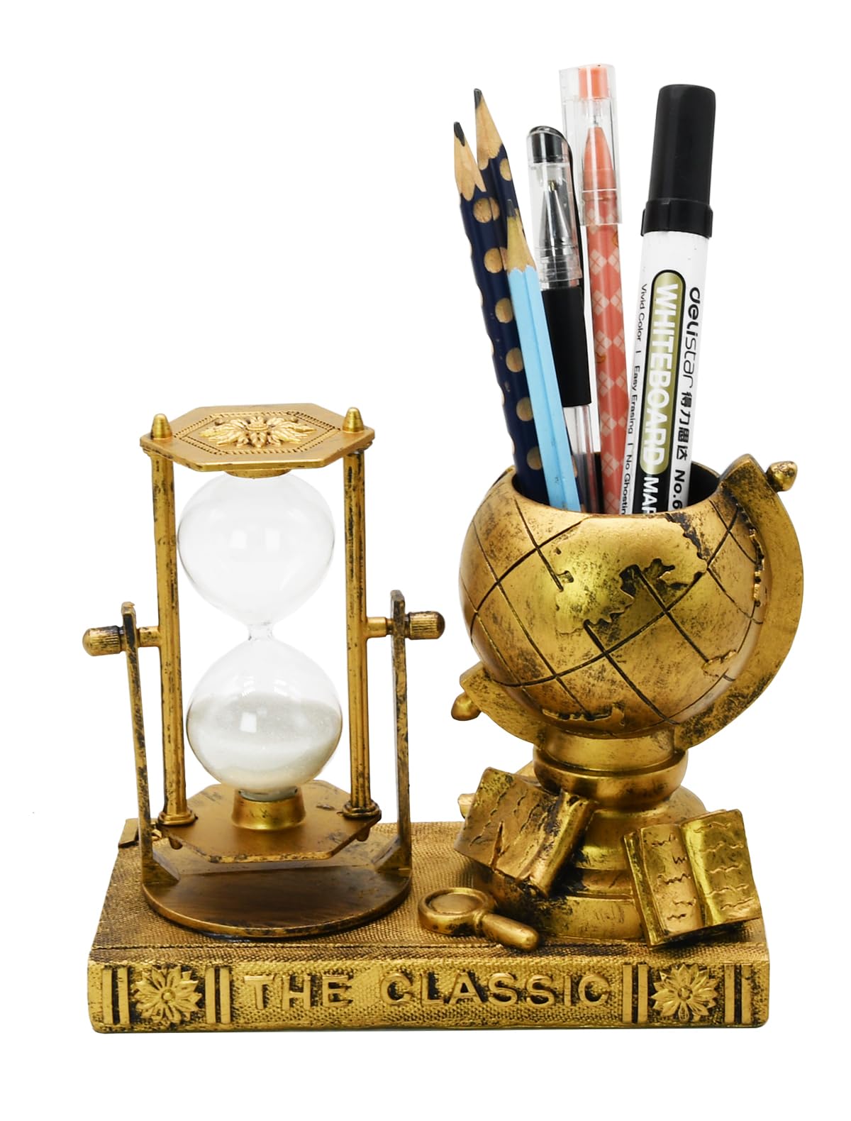 Globe-Themed Pencil Holder with Hourglass, Resin Desktop Organizer for Office & Study, Pen Holder with Sand Timer, Classic Globe Addition Scissors Storage, Artistic Gift for Travel Lovers