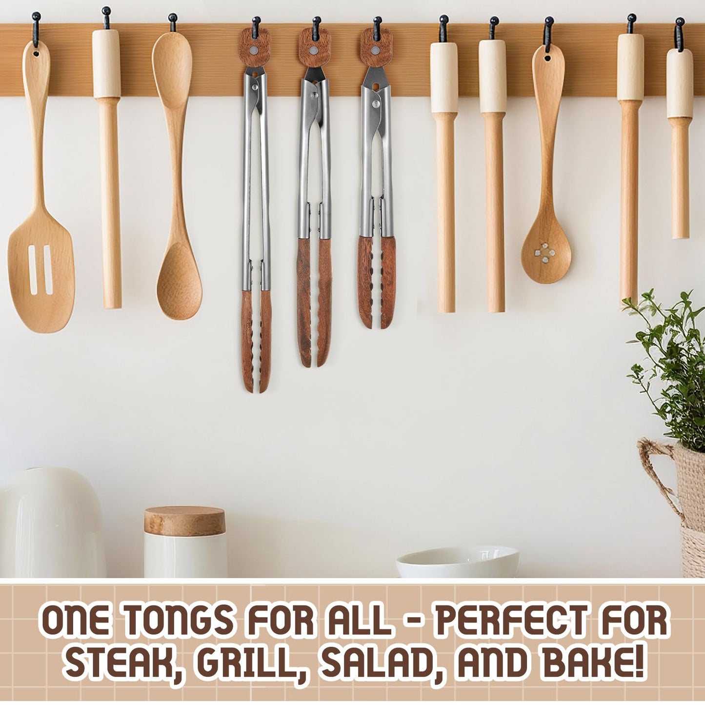 Honeydak 3 Pcs Wooden Tongs for Cooking 7" 9" 12" Wood Tip Serving Tongs with Locking for BBQ Salad Cooking and Grilling, Includes Anti-slip Handle with Hanging Hole