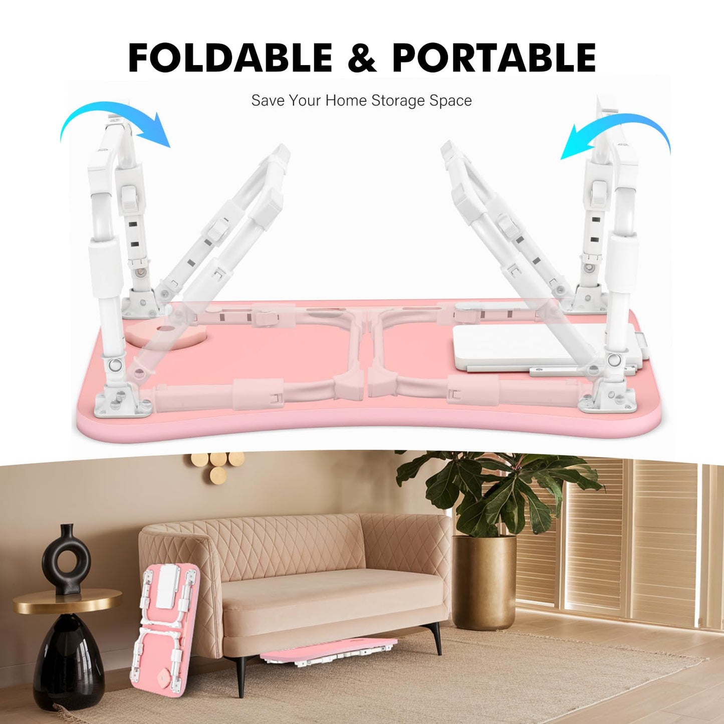 Lap Desk for Bed Adjustable Height, Foldable Bed Table with Storage Drawer, Tablet Slot & Cup Holder, Portable Laptop Stand for Bed & Sofa, Bed Desk for Adults & Kids, Pink
