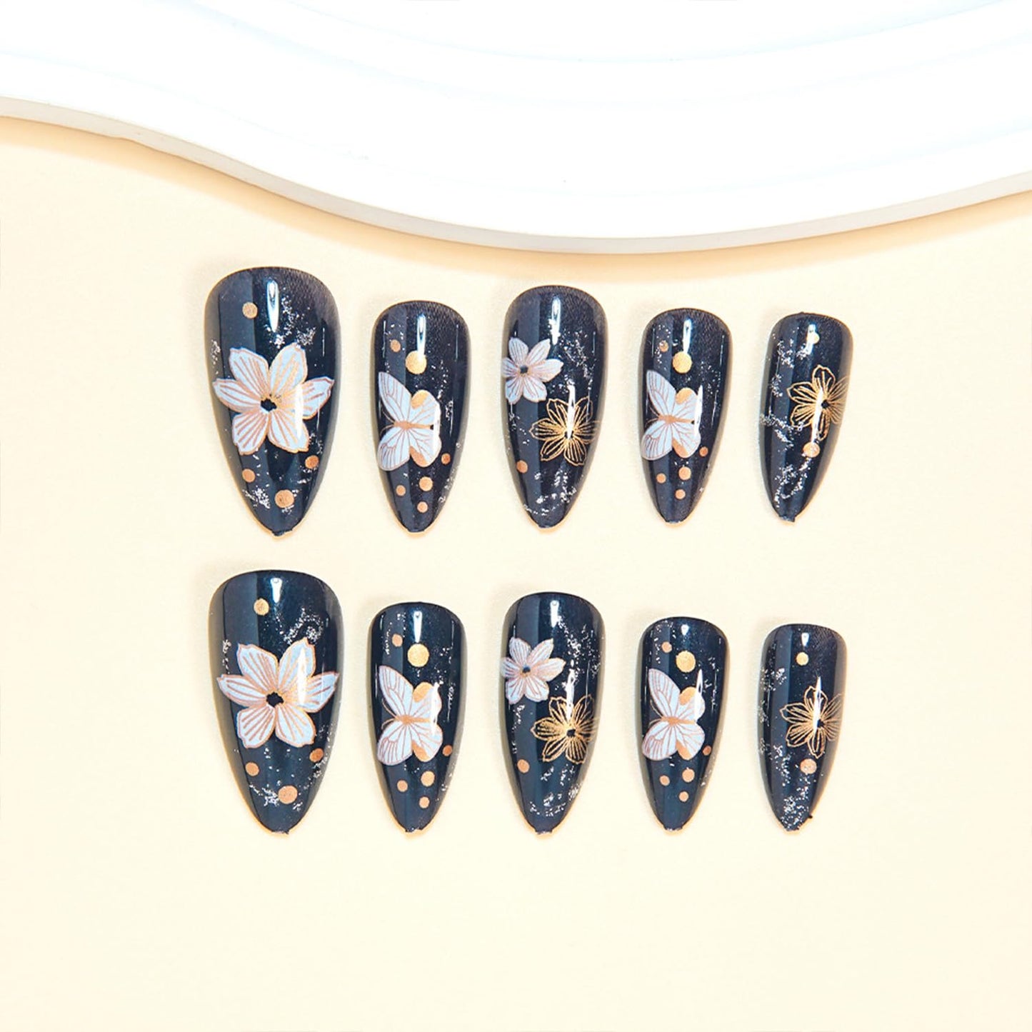 Retro Butterfly Press on Nails Medium Almond Fake Nails Flower Pattern Glue on Nail Glossy Full Cover Acrylic False Nail for Women