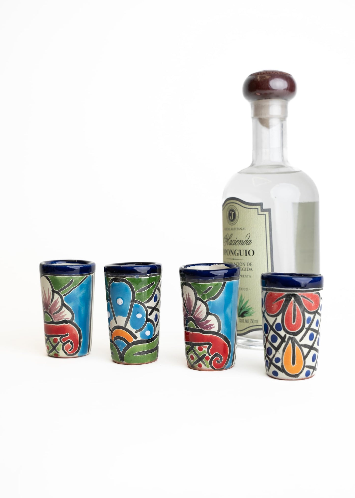 MEXTEQUIL - Talavera Shot Glasses Set of 4 Authentic Mexican Tequila Shot Glasses - Hand-painted - 2 Oz (Blue with Green)