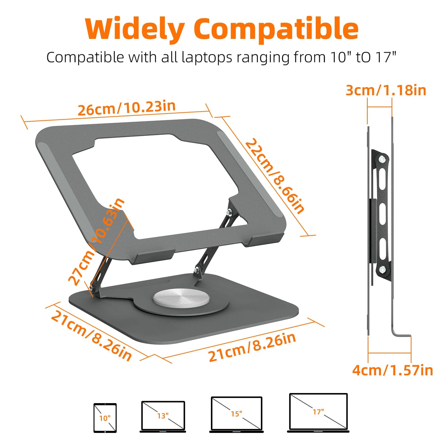 Adjustable Laptop Stand for Desk, Laptop Riser with 360 Rotating Base, Ergonomic Laptop Holder for Desk, Foldable Portable for Office & Home Compatible with MacBook Air Pro, Dell, HP (10-17.3'')