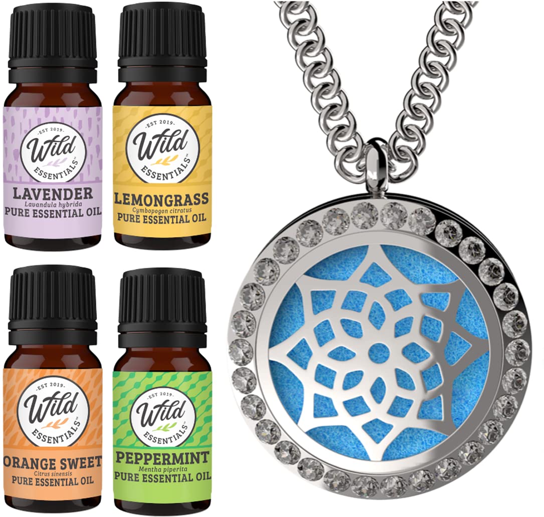 Wild Essentials CZ Flower Necklace Essential Oil Diffuser Kit with Lavender, Lemongrass, Peppermint, Orange Oils, 12 Refill Pads, Calming Aromatherapy Gift Set, Customizable Color Changing, Perfume