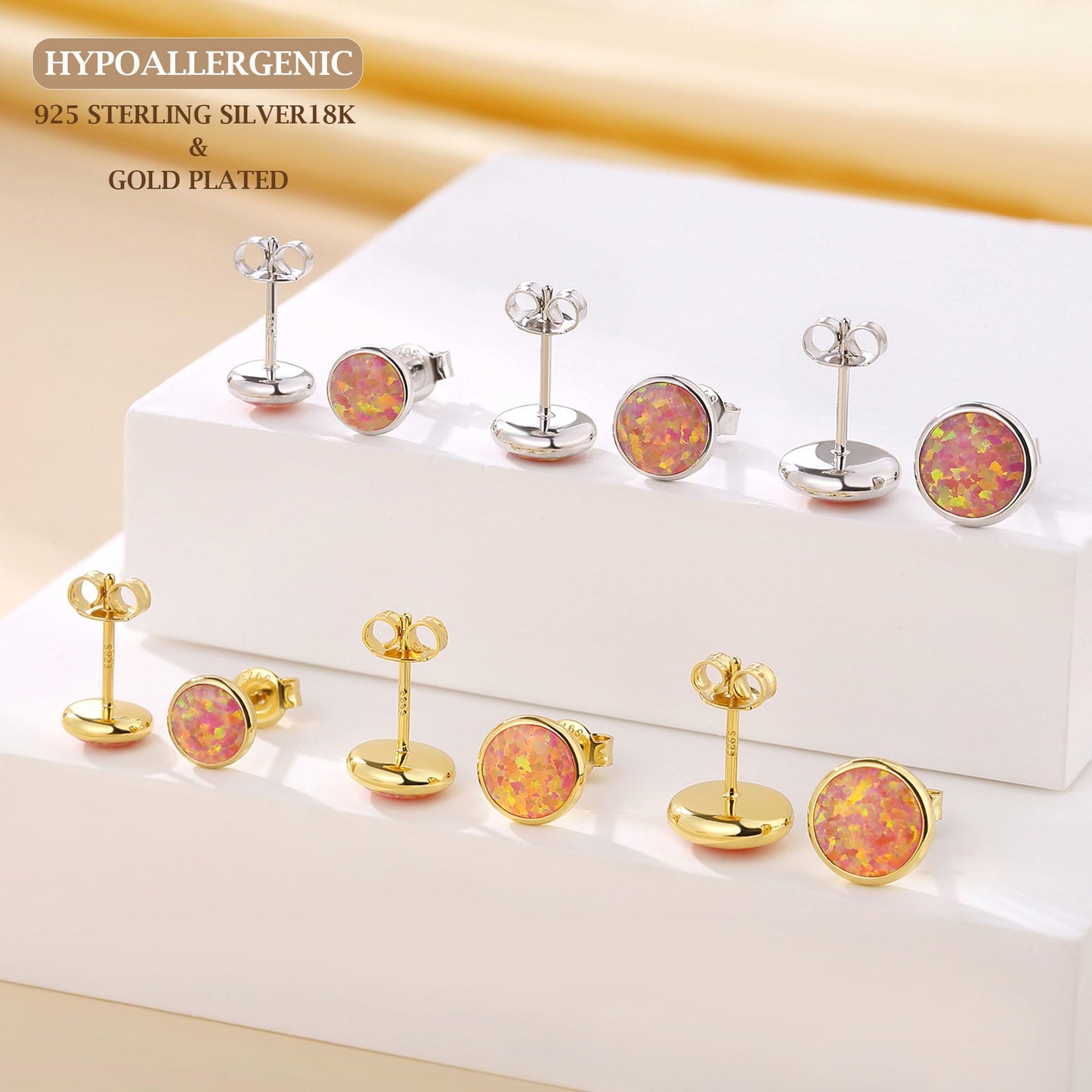 JiayangJY Silver Red Fire Opal Stud Earrings for Women 18K Yellow Gold Plated Sterling Silver Round Shape 8mm Opal Earrings with Push Back