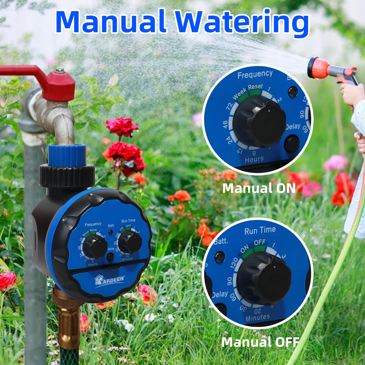 Yardeen Digital Water Timer, Dual Dial Control, Battery Operated, Black/Blue