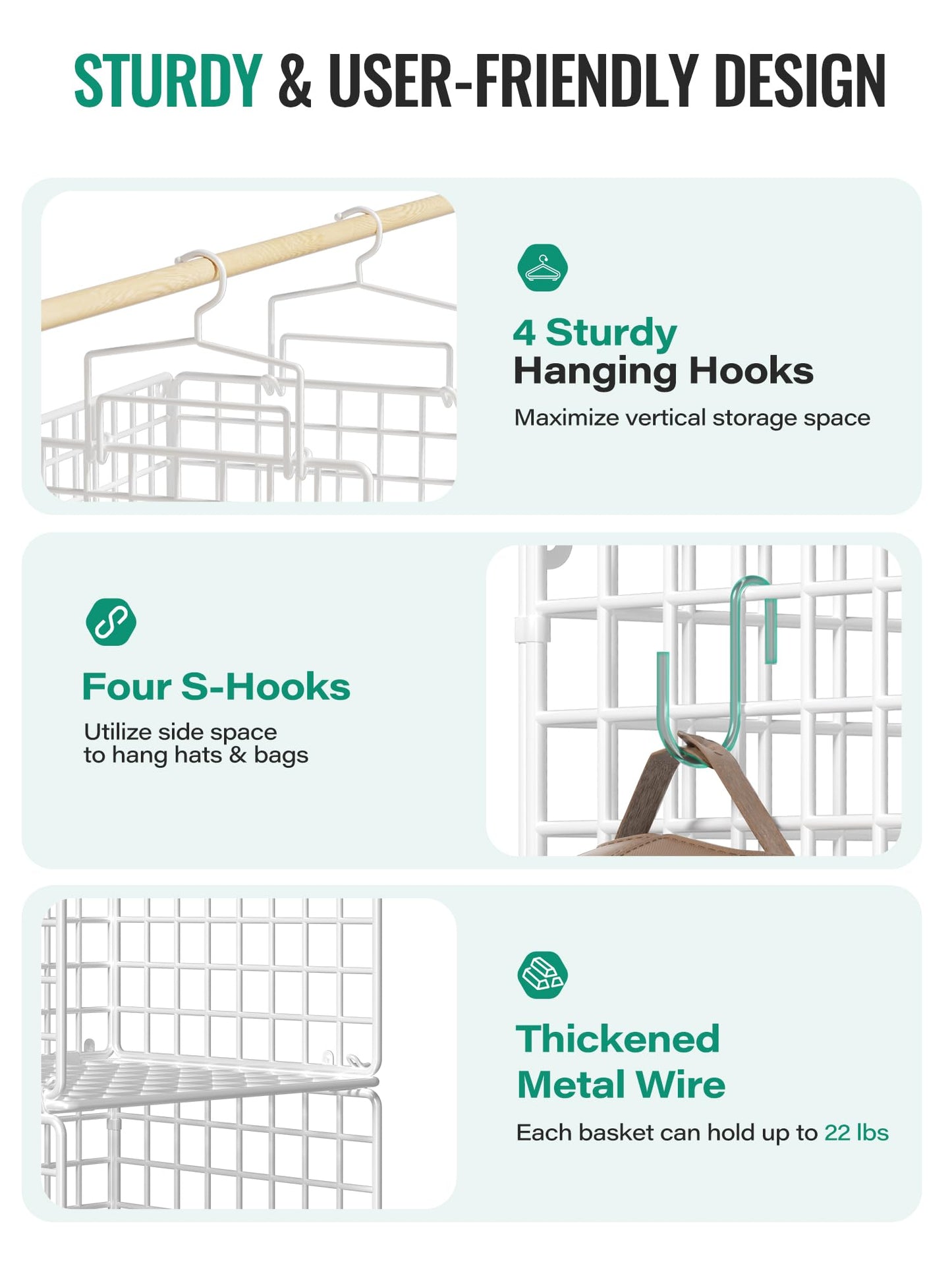 Orapoke Hanging Closet Organizer, 4 Tier Metal Closet Organizers and Storage with 4 Hanging Hooks 4 S-Hooks for Wardrobe Laundry Room, Wire Storage Shelf for Clothes Sweaters Pants (White)