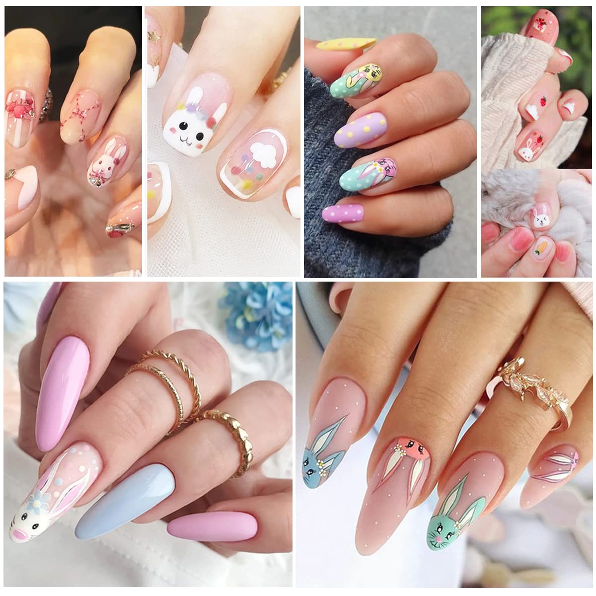 8 Sheets Easter Rabbit Nail Art Stickers Decals,3D Self-Adhesive Nail Art Accessories Cartoons, Rabbits, Animals, Hearts, Flowers,Designs Sticker Lovely Retro Rabbit Manicure DIY Nail Decorations