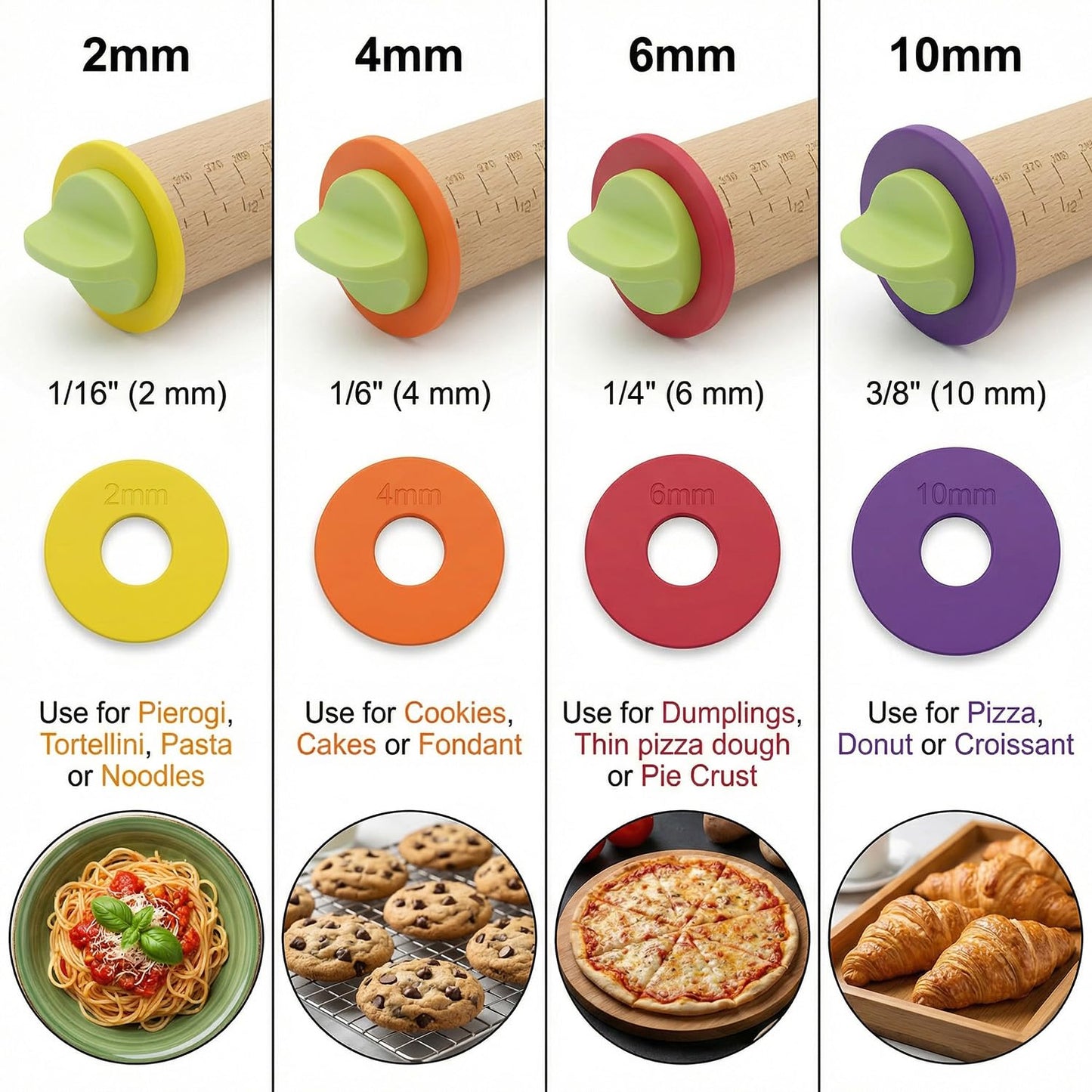 forusom Rolling Pin With Thickness Rings, Adjustable Wooden Rolling Pin Set, 17 inch Rolling Pins for Baking, Biscuit, and Dough Kneading, Pizza Dough, Paster Roller