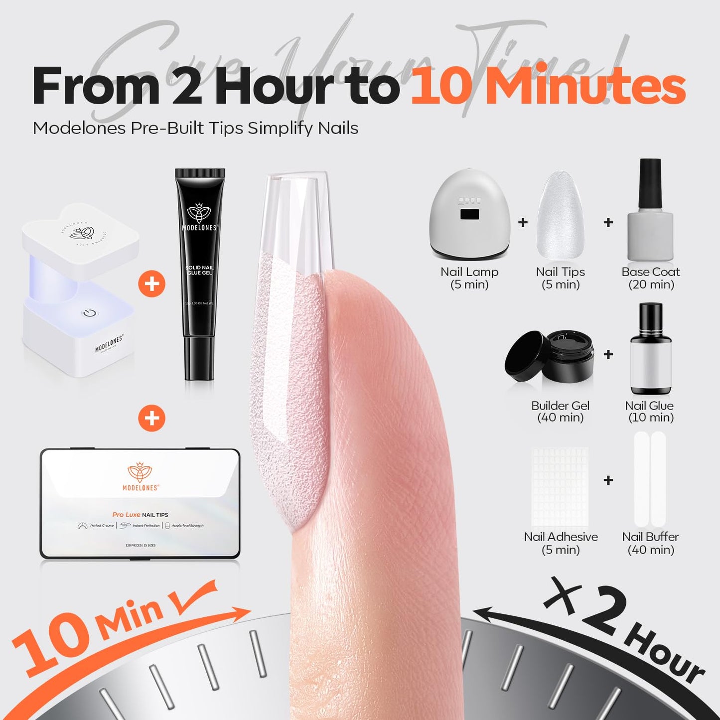 modelones X Nail Gel Kit Square, 15Sizes False Nail Tips Instant Apex Solid Glue & Mini LED Light, Medium Square Pre-Building Thick Acrylic Press on Tips U/V Lamp Extension Kit Women Gift 240Pcs