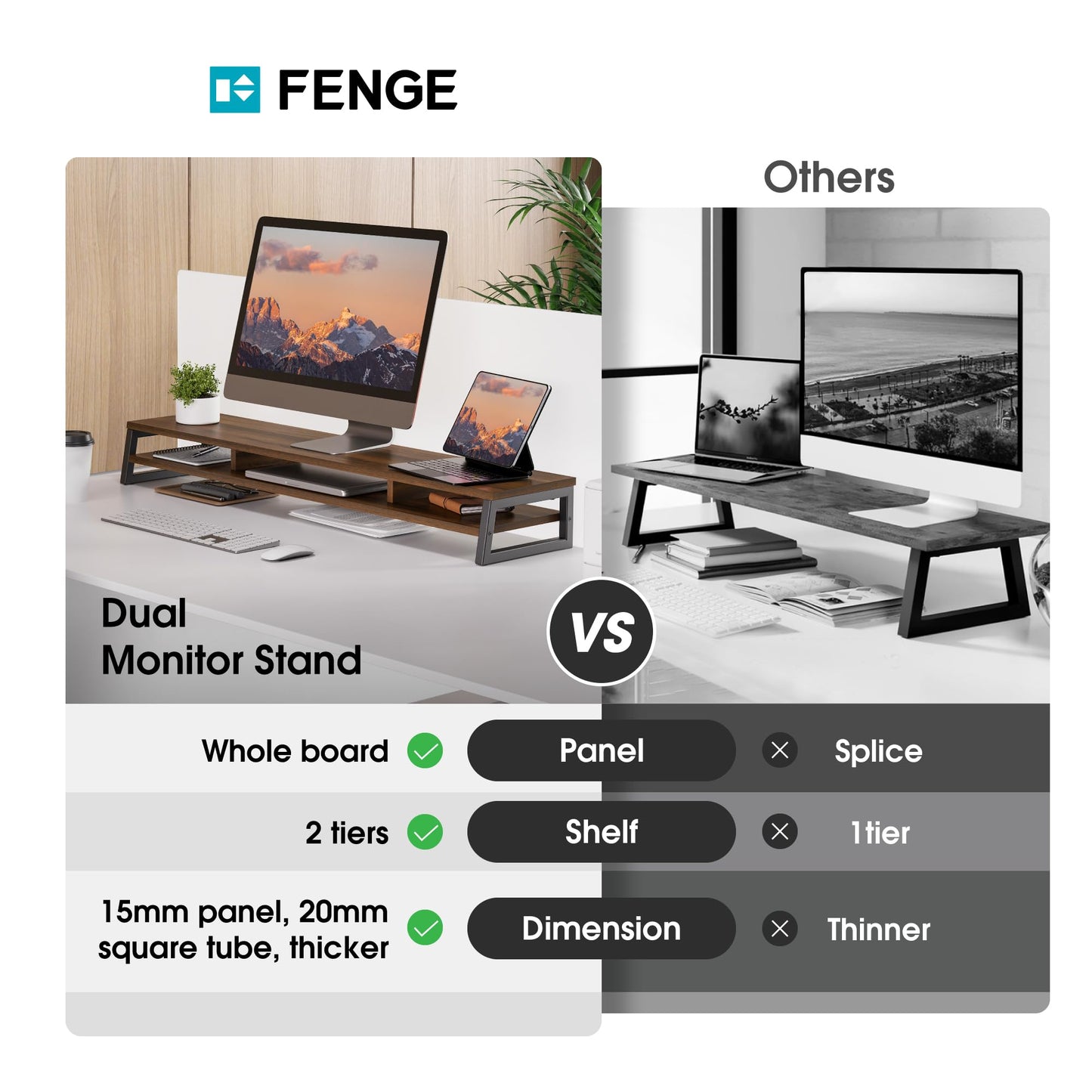 Fenge Dual Monitor Stand for Desk, 42.5in Large Monitor Riser for 2 Monitors, 2 Tier Computer Office Desk Top Shelf, Desktop Storage Stand for Laptop, PC, Computer, Printer
