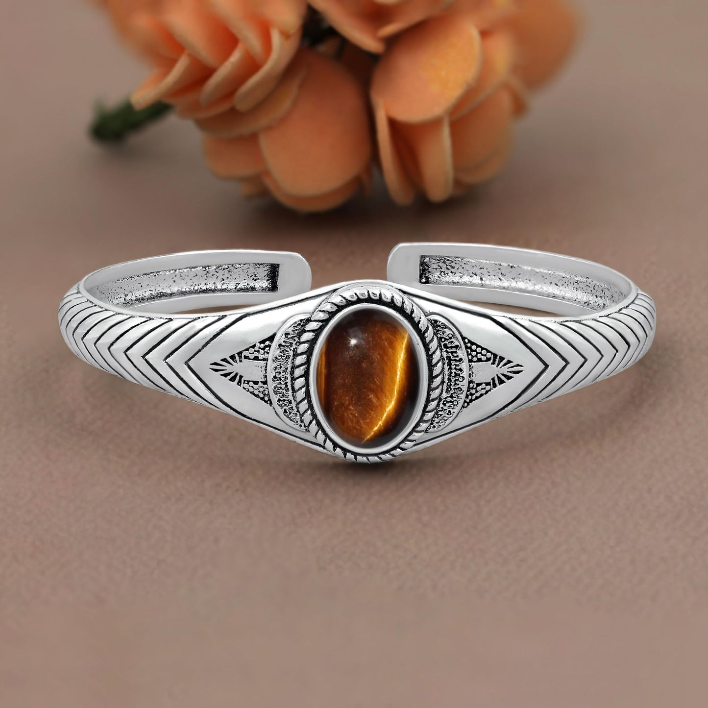 Tiger Eye Cuff Bangle Bracelet for Men Women – Handmade 925 Silver Plated Adjustable Boho Jewelry – Natural Gemstone June Birthstone Statement Bangle – Elegant Bohemian Gifts for Him Her