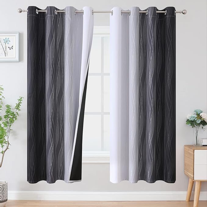 Estelar Textiler Full Room Darkening Blackout Curtains 72 Inch Length 2 Panels Set, Ombre Greyish White and Black Thermal Insulated Full Light Blocking Grommet Blackout Drapes for Bedroom, 52Wx72L