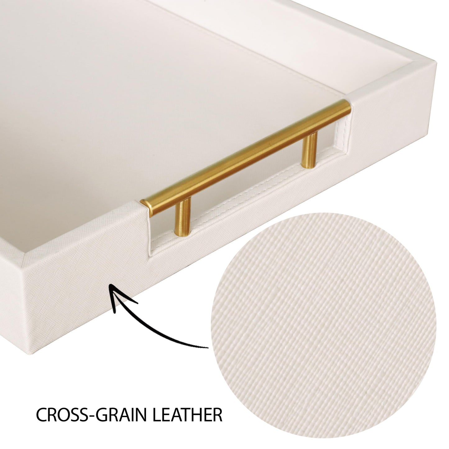 HofferRuffer Faux Leather Serving Tray with Gold Metal Handles, Stylish Decorative Tray Organizer for Coffee Table, Ottoman, Home Decor and Serving (CreamWhite, 16.2" x 12.2" x 2")