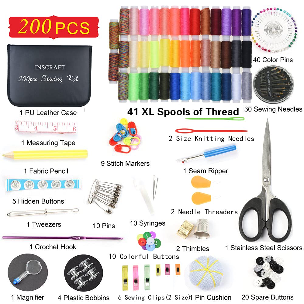 INSCRAFT Sewing Kit, 200 Premium Sewing Supplies, 41 XL Thread Spools, Suitable for Traveller, Adults, Beginner, Emergency, DIY and Home by INSCRAFT