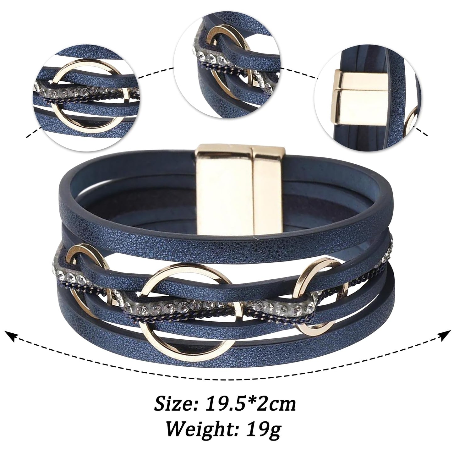 Leopard Bracelet for Women, Boho Leather Wrap Multi-Layer Pearl Crystal Bracelet Bangle Jewelry(Three Circle(Blue))