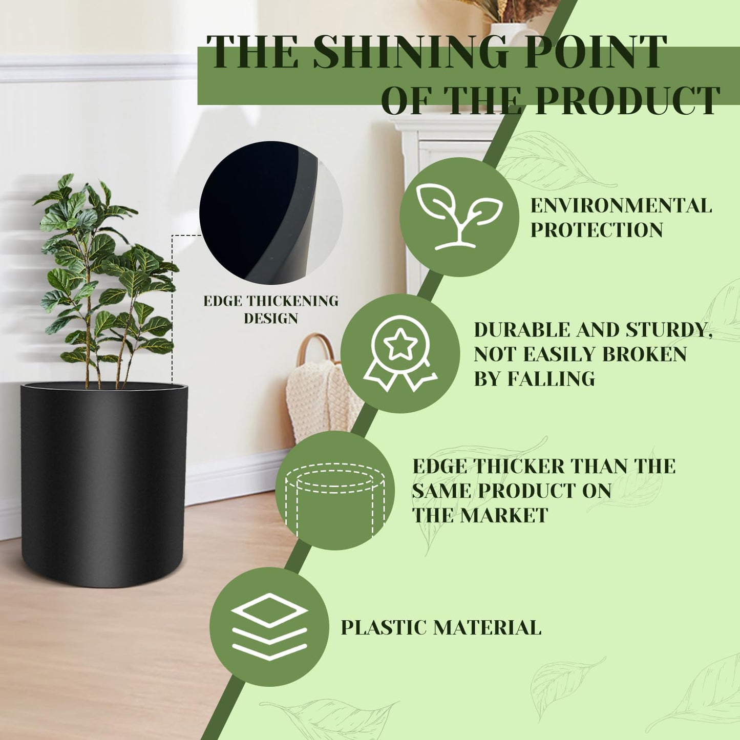 fuxuiwy Flower Pot Large Indoor Cylindrical Plastic Planter with Drain Hole and Stopper (Black, 10 Inch)