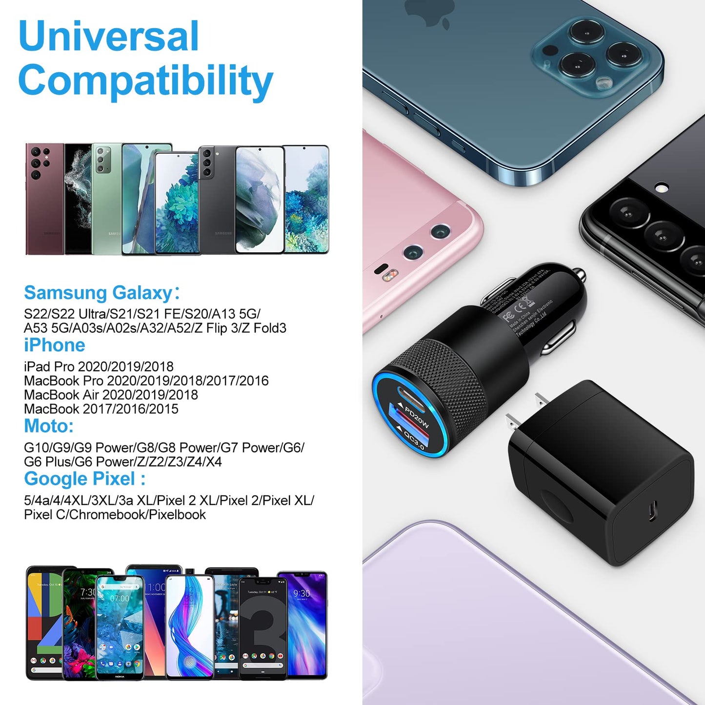 Type C Charger Fast Charging Block for Samsung Galaxy S25, A15 5G,A16,A55,A35,A14,A13,A25,S24 S23 FE,A03s,A53,Z Fold6,20W PD 3.0 USB C Wall Charger 38W Car Adapter+2 PCS Android 6ft USB C-to-C Cable