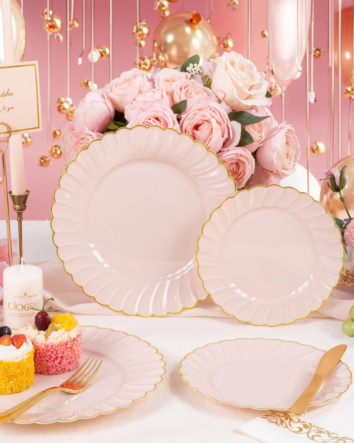 YOUBET 175PCS Pink Scalloped Plastic Plates - Gold Disposable Dinnerware Set Include 50 Plates, 75 Gold Silverware, 25 Cups, 25 Napkins for Party & Wedding & Baby Shower