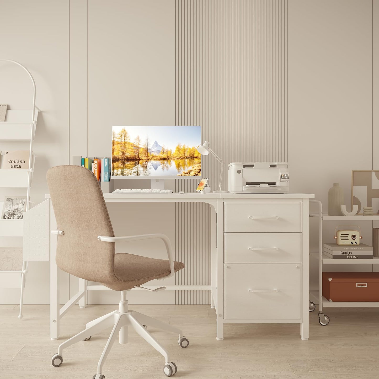 Lufeiya White Desk with File Drawers Cabinet, 47 Inch Reversible Computer Desk with Fabric Filing Cabinet for Bedroom Small Space Home Office, Modern Writing Table PC Desks, White