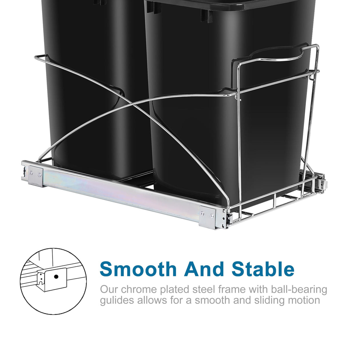 Double 35 Quart Pull Out Trash Can Under Cabinets Under Sink Garbage Sliding Waste Bin Container Recycling Bins with Chrome Wire Bottom Mount 44 lbs Load Capacity