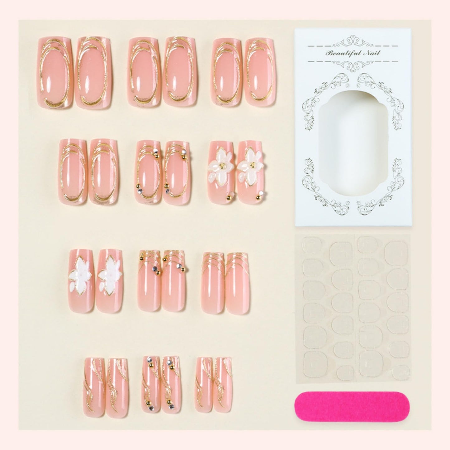 Square Press on Nails Medium Fake Nails Rhinestones Acrylic Nail Press ons SEENEEY Gold Charm and 3D Flowers Designs Stick on Nail for Women 24pcs