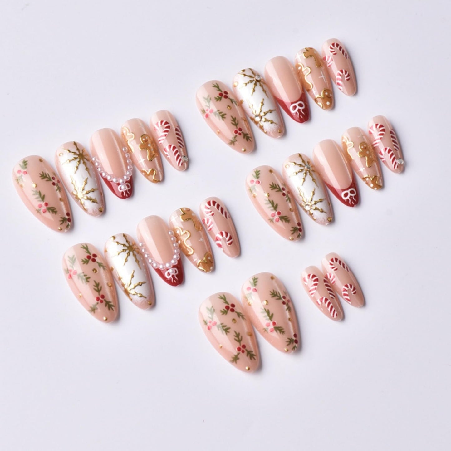 Christmas Almond Press on Nails Medium Fake Nails Red French Artificial Nail with Pearl and Gold Charm Designs Stick on Nail for Women 24pcs