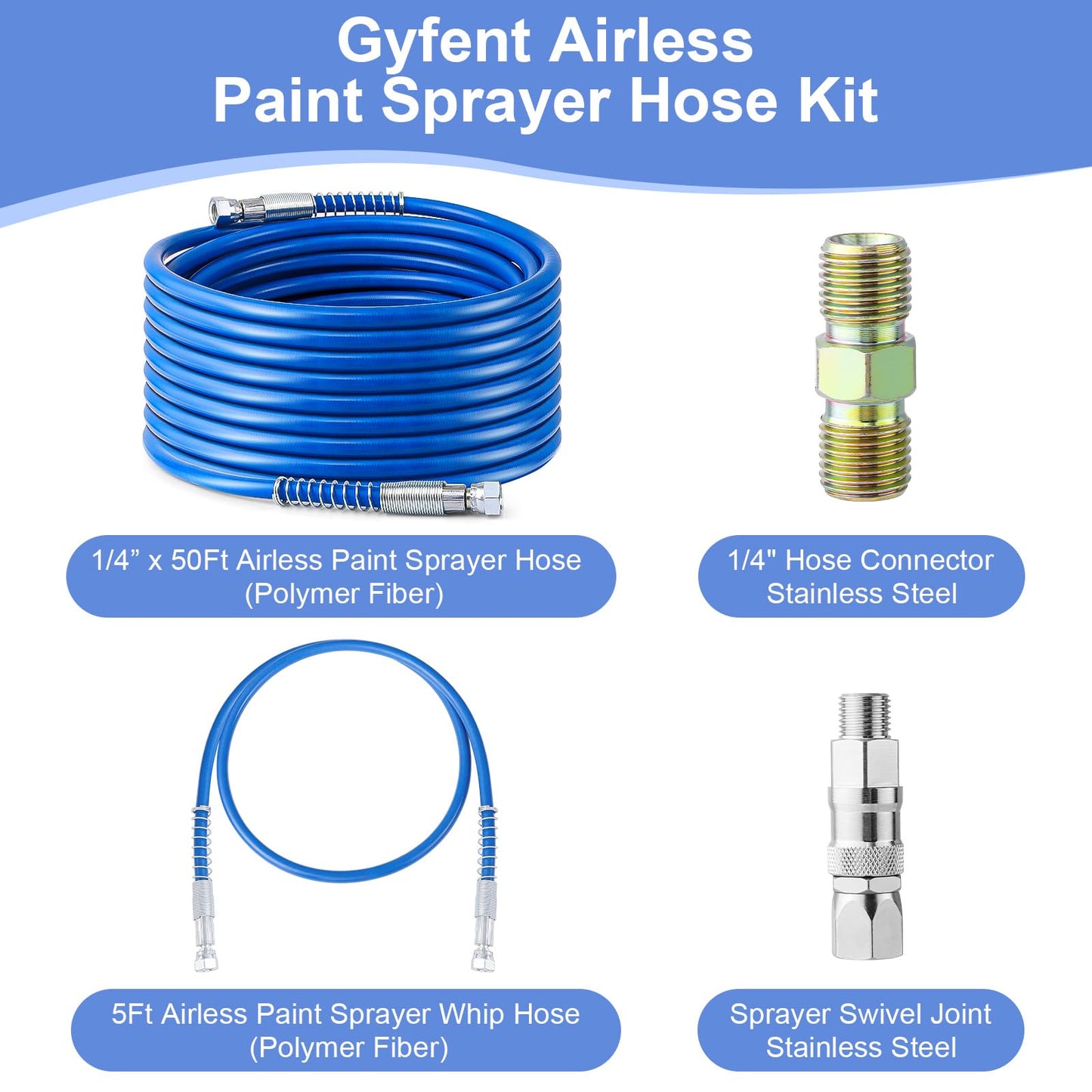 Gyfent 50Ft x 1/4" NPT Airless Paint Sprayer Hose, 8500PSI High Pressure Airless Paint Spray Hose with 5Ft Whip Hose & 1/4" Hose Connector & Sprayer Swivel Joint for Airless Spraying Machine