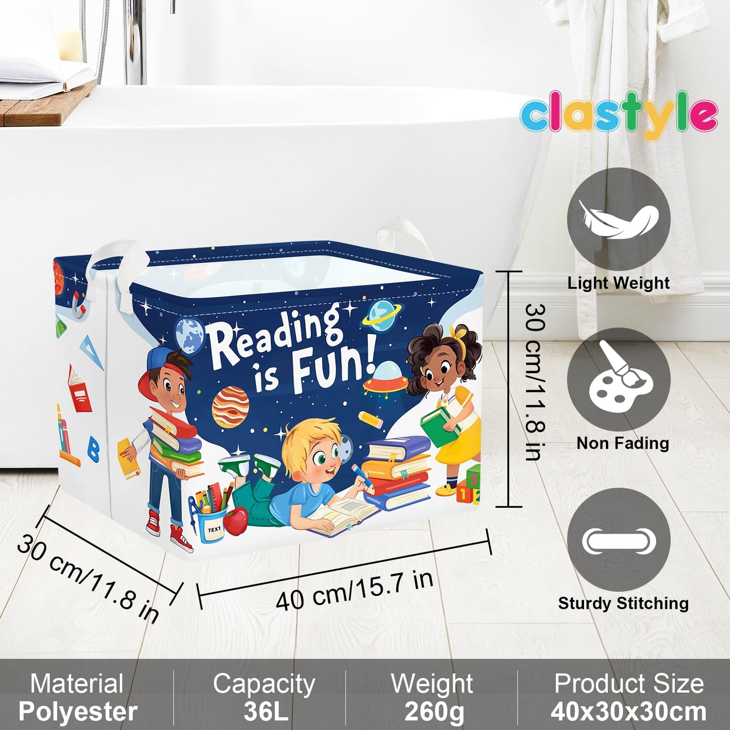 Clastyle Space Reading Fun Study Book Kid Storage Basket Baby Laundry Hamper Boy Gift Toy Box Collapsible Clothes Organizer Nursery Bin for Bedroom, Rocket, 40*30*30 cm