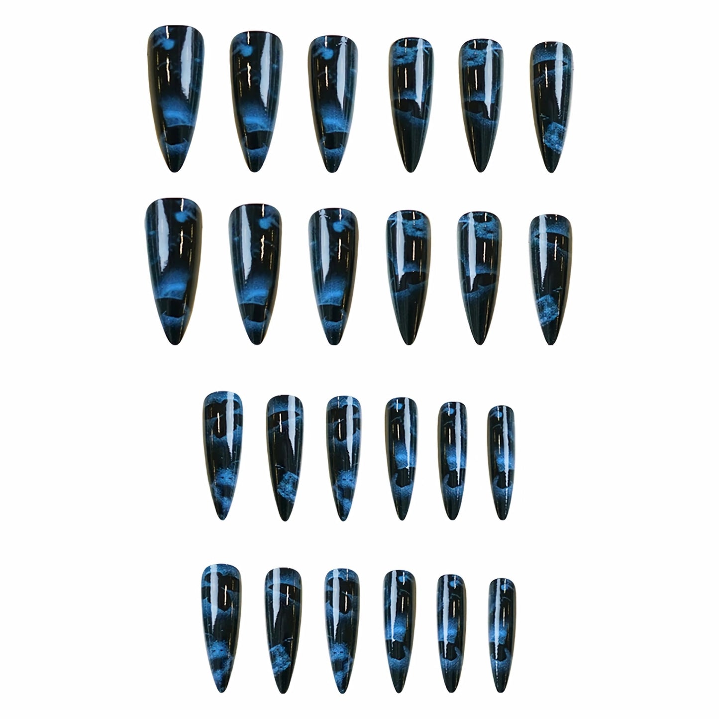 BABALAL Long Stiletto Press on Nails Almond Fake Nails Black Goth Blue Butterfly Y2k Glue on Acrylic False Nails Supplies Art 24Pcs Glossy Manicure Artificial Full Cover