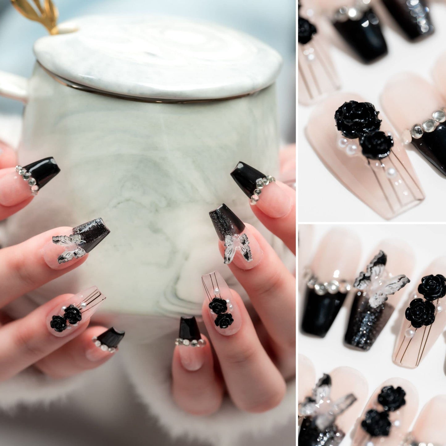 Sun&Beam Nails Handmade Long Coffin Ballerina Nude False Nail Tips with Cute 3D Black Flower Butterfly Diamond Popular Charm Design Press On Nails 10 Pcs (#69 M)