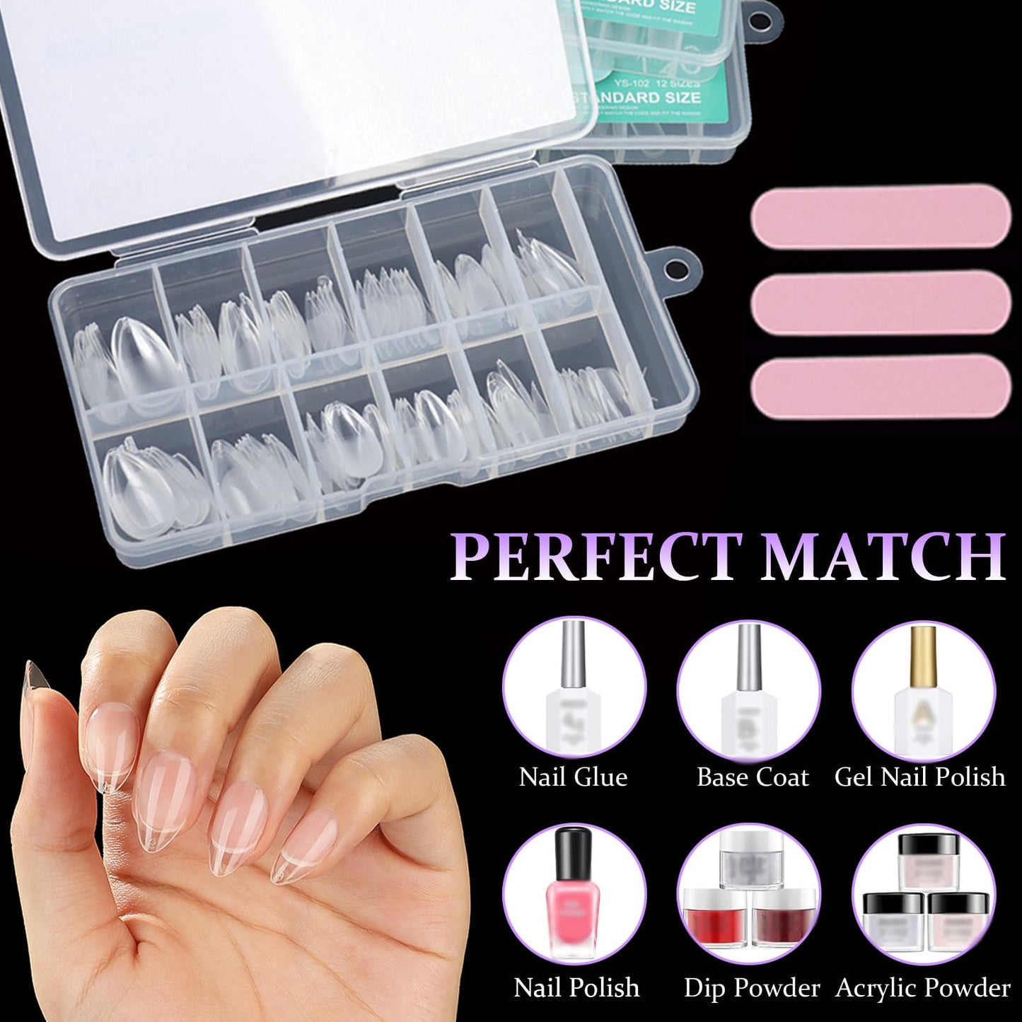 6 Styles Soft Gel Nail Tips - Short Almond Coffin Ballerina and Medium Almond Square Ballerina, 720Pcs Pre-shaped Half Matte Acrylic Nail Tips Clear Full Cover Press On Nails, Home Salon DIY Nails