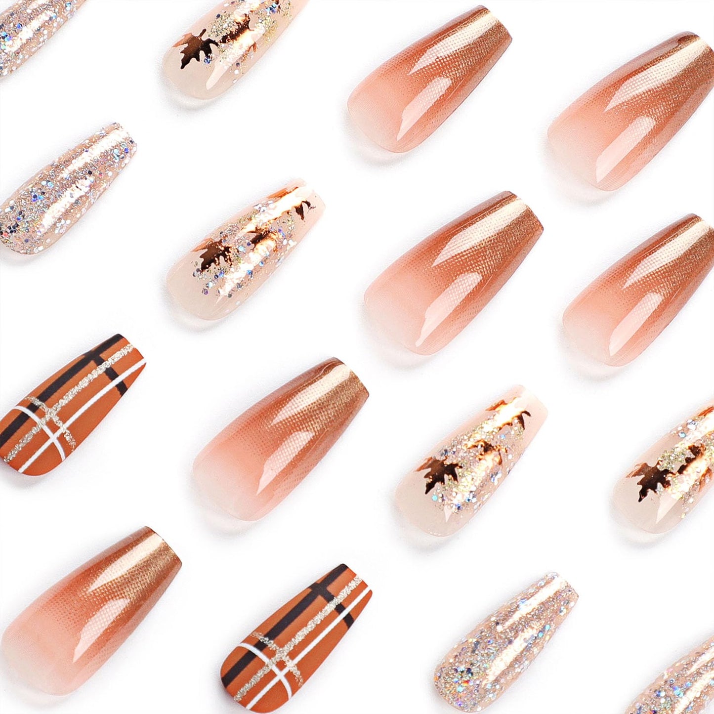 Fall Maple Leaf Nails - Brown Gradient, 24pcs Press Ons with Glossy Finish, Perfect for Thanksgiving