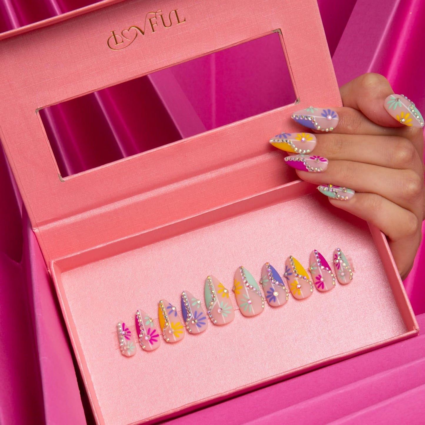 LOVFUL Press on Nails Wild Blooming French Tip | Handmade with Full Covered Crystals | Reusable Fake Nails | Almond Regular 1.0 in | H156-S