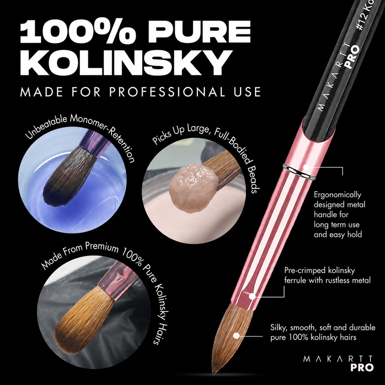 MakarttPro Kolinsky Acrylic Nail Brush Size 10 – 100% Pure Kolinsky Hair Nail Brush for Acrylic Application, Professional Nail Brush for Smooth Bead Control, Anti-Clogging, Acetone Resistant Handle