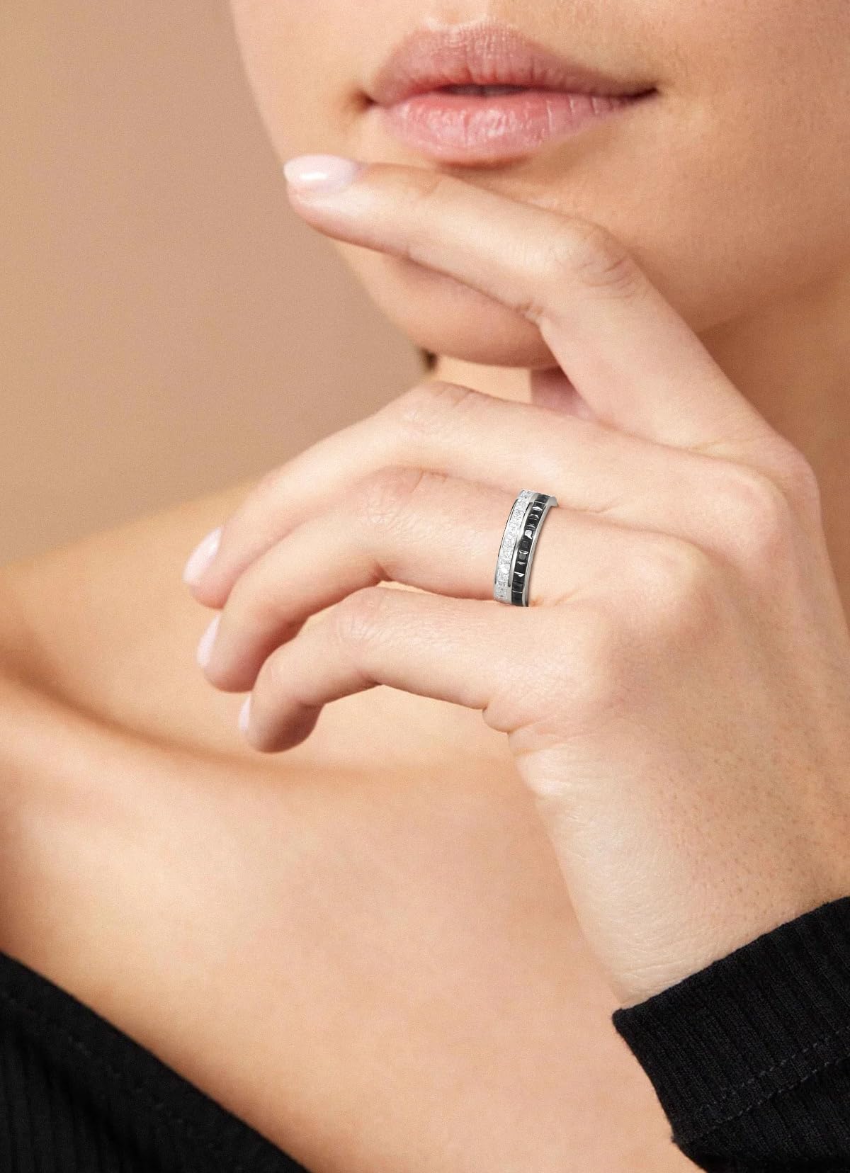 Frbod Black Moissanite Rings Hypoallergenic White Gold Plated Ring Sparling Eternity Diamond Band for Women Size 8