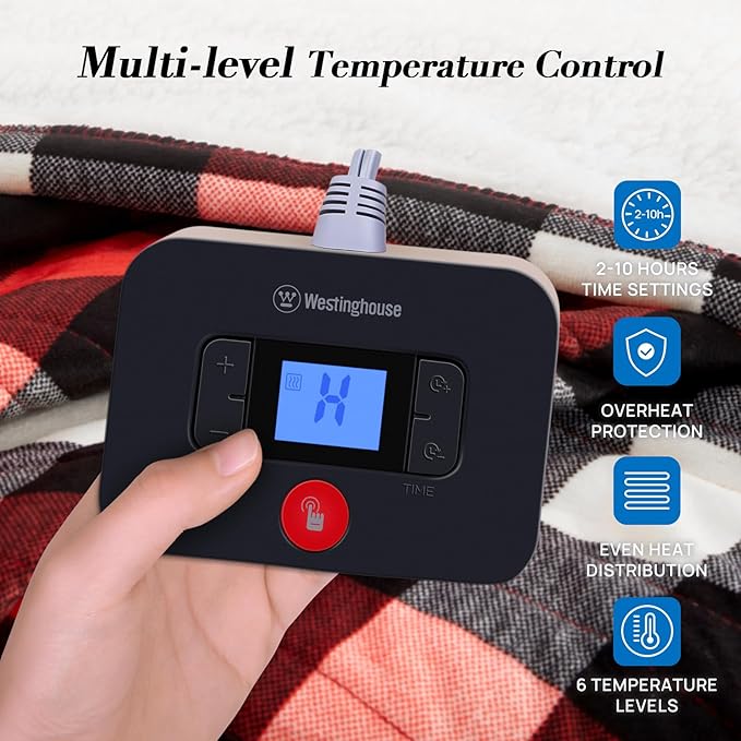 Westinghouse Twin Size Electric Blanket, Soft Flannel to Sherpa Heated Blanket with 10 Heating Levels & 1 to 12 Hours Heating Time Settings, Fast Heating Blanket, Red Plaid, 62x84 Inches