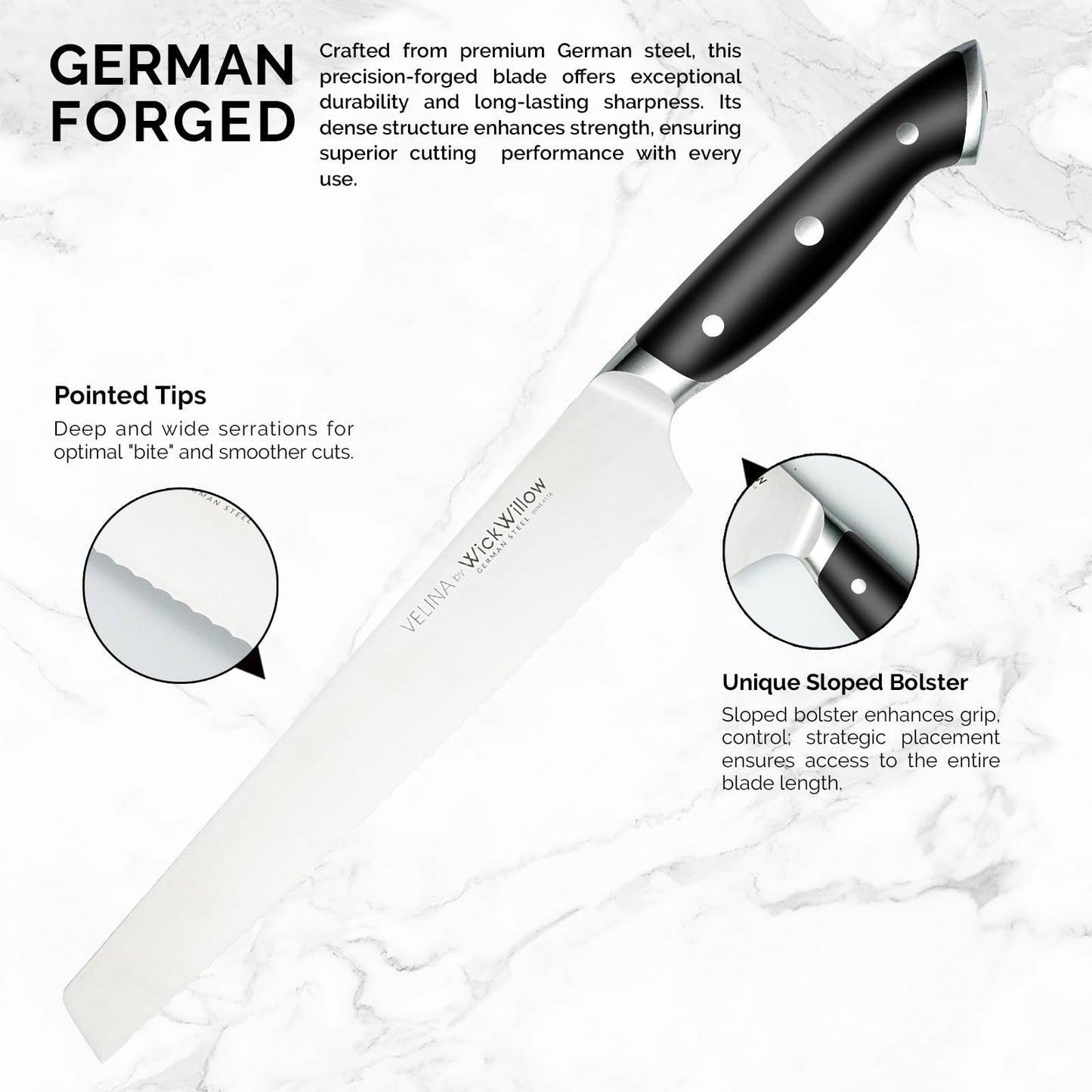 WICKWILLOW 10" Bread Knife – Razor Sharp German Steel – Serrated Knife for Homemade Bread & Sourdough – Full Tang & Ergonomic Handle – Gift Box – Velina Series
