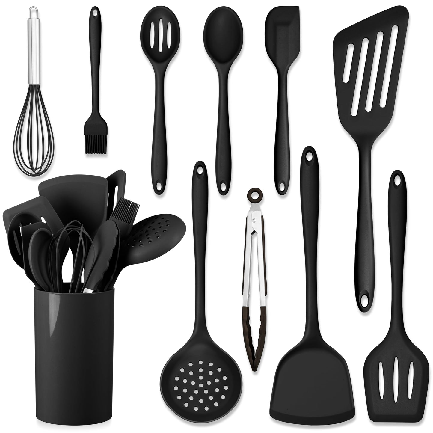 HaWare 11 PCS Silicone Cooking Utensils Set, Heat Resistant Kitchen Utensils with Holder, Food-grade Spatula Sets for Nonstick Cookware, Kitchen Tools Gadgets Include Fish Turner, Spoon (Black)