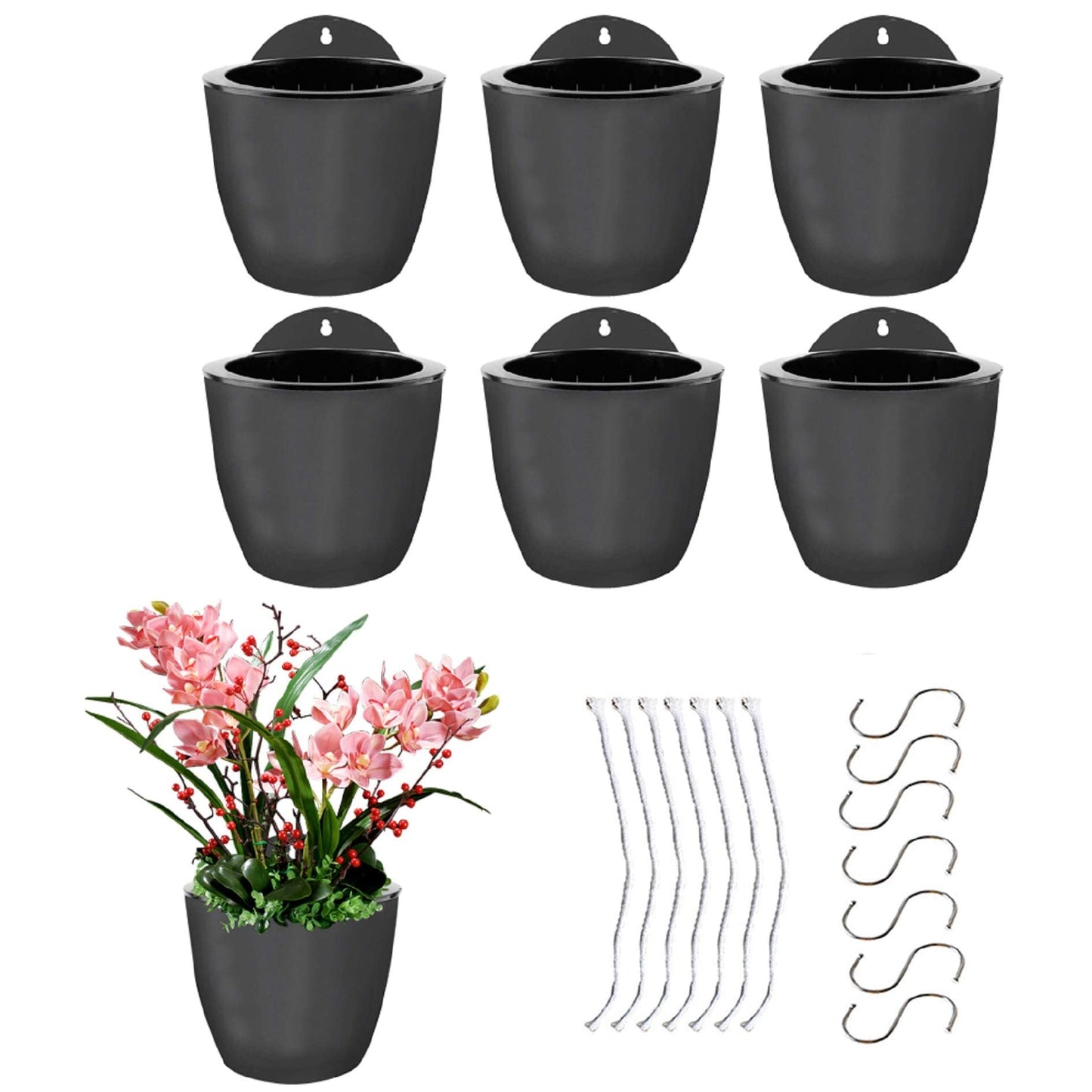 elfinrm 7Pack Self-Watering Plant Flower Pot Wall Hanging Plastic Planters Size 7 inch with 7 Hooks Replacement for Plants Flowers Indoor Outdoors