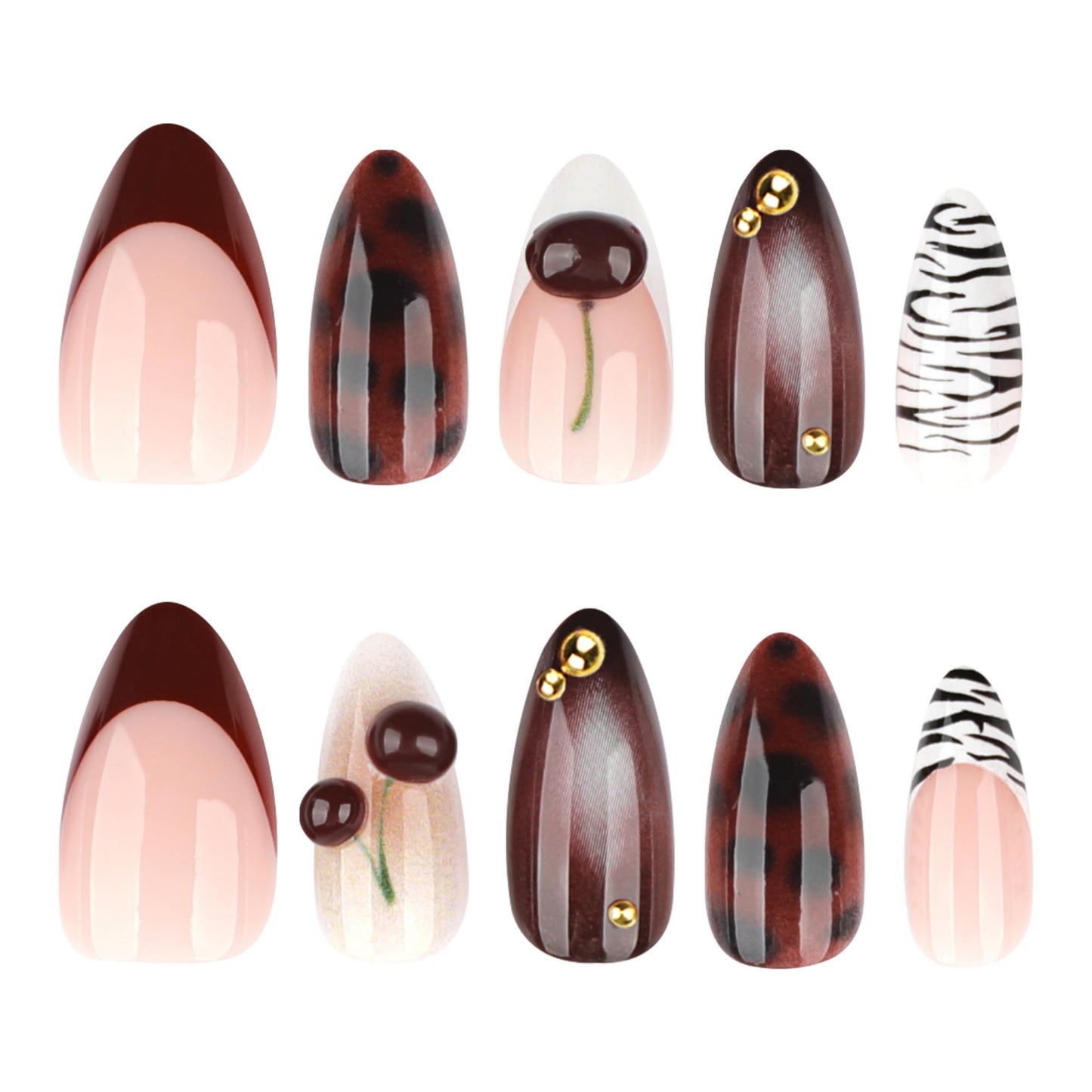 Almond Press on Nails Medium Fake Nails Brown Acrylic Nail Press ons Seeneey Cherry and Gold Charm Designs Tortoise Shell Stick on Nail for Women 24pcs