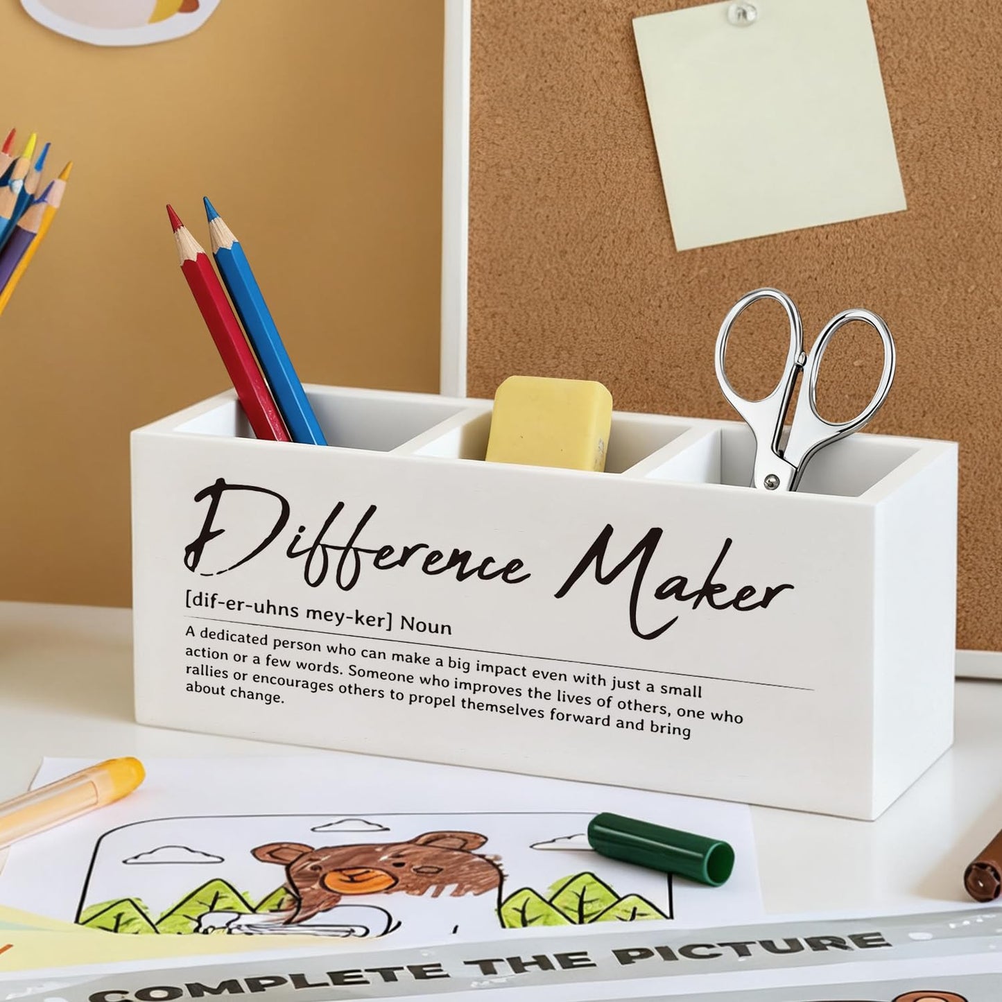 ELMCH Difference Maker Gift Pen Pencil Holder, Appreciation Gifts for Coworkers Leaders Teachers Wood Desk Organizer and Accessories, Difference Maker Makeup Brush Holder Organizer for Bathroom Vanity