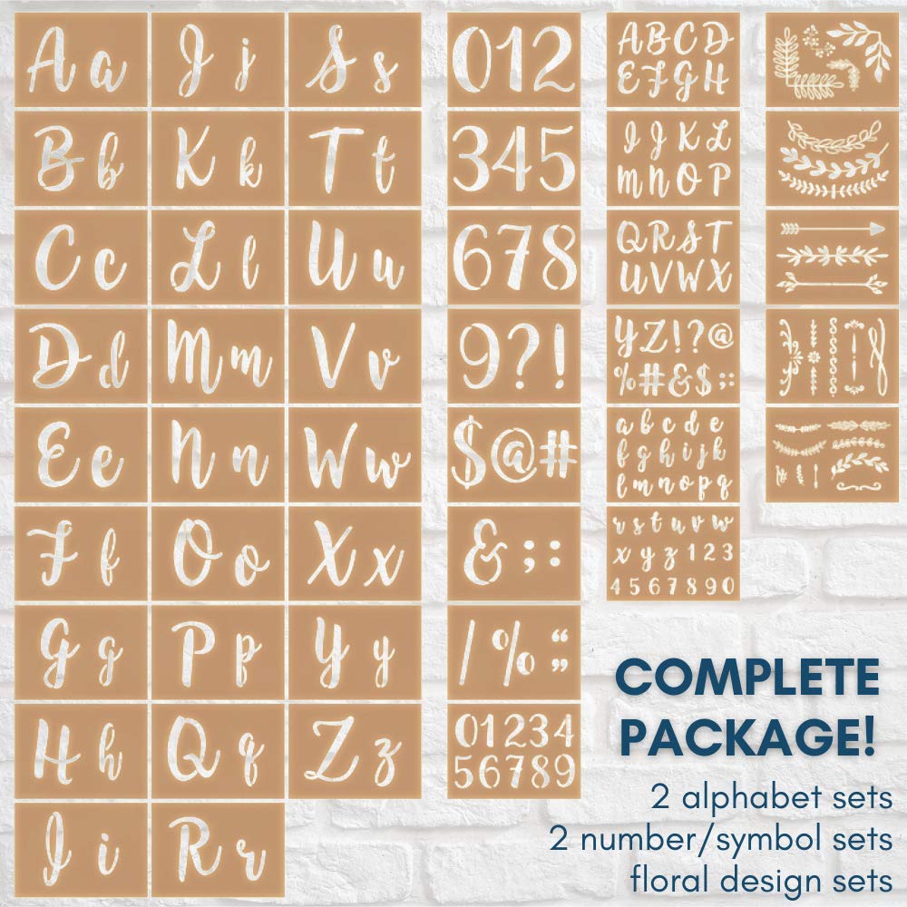 Boutique Calligraphy Stencil Template Kit | 45 Reusable Pieces | Lettering Upper, Lowercase, Large & Small | Numbers, Punctuation, Laurels and Flowers - For Arts Crafts Painting Wood (Calligraphy Kit)