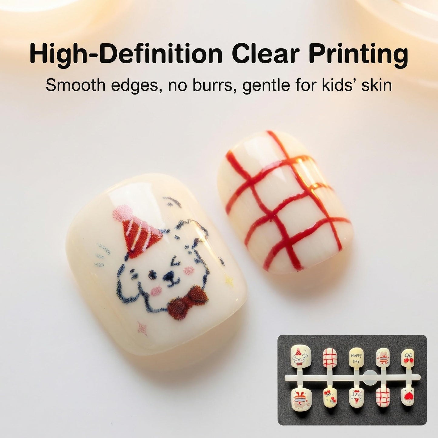 Kids Press On Nails, Happy Day Party Design, Cute Birthday Nails for Girls, Red Cherry Cake Style, 24pcs
