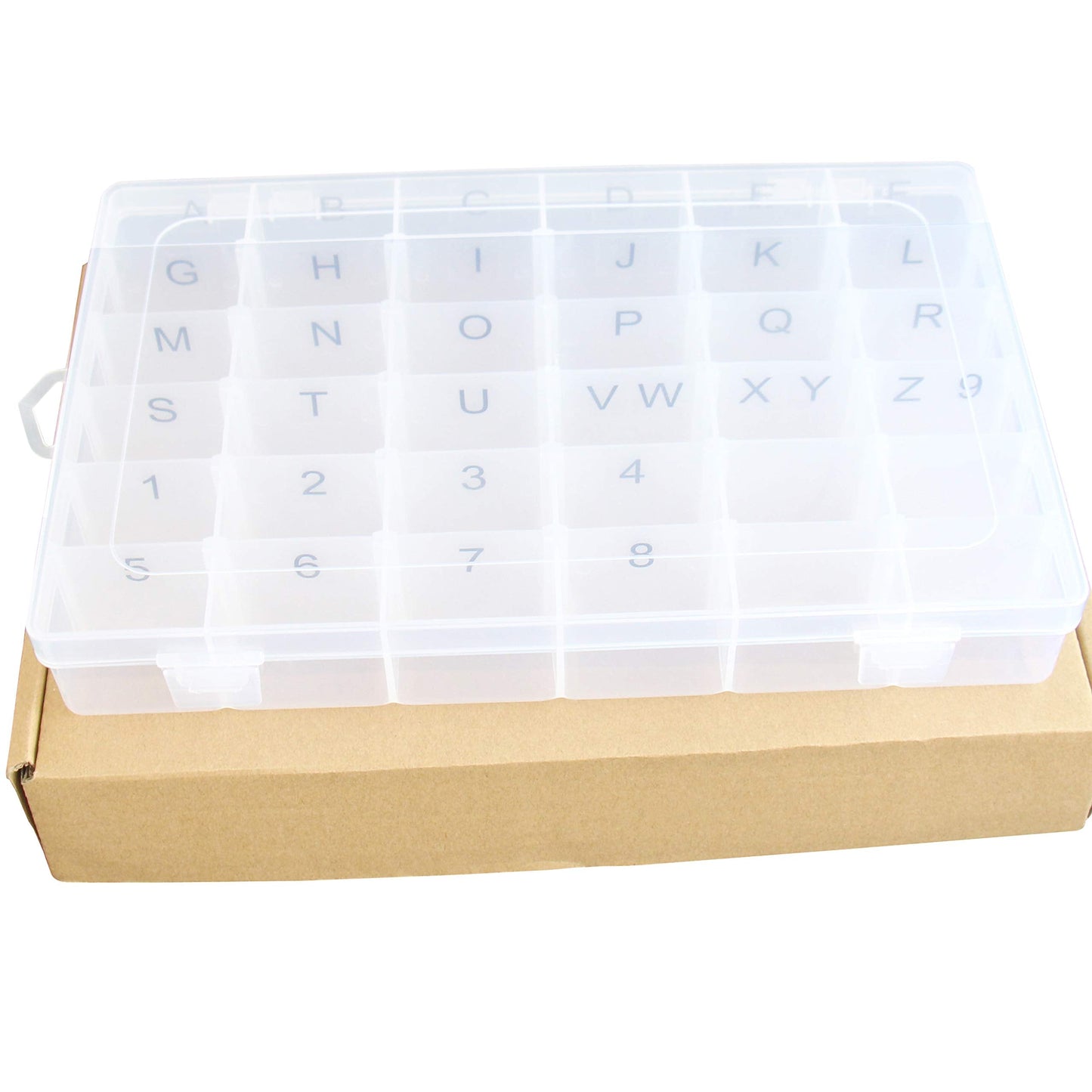 Plastic Organizer Container Box with Adjustable Dividers - 36 Compartments for Letter Board Letters - Stickers Pre Applied to Dividers