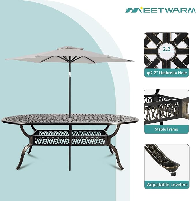MEETWARM 9-Piece Outdoor Patio Dining Set, All-Weather Cast Aluminum Patio Conversation Set for Backyard Garden Deck with 8 Cushioned Swivel Rocker Chairs, 1 Oval Table, 2" Umbrella Hole, Chili Red